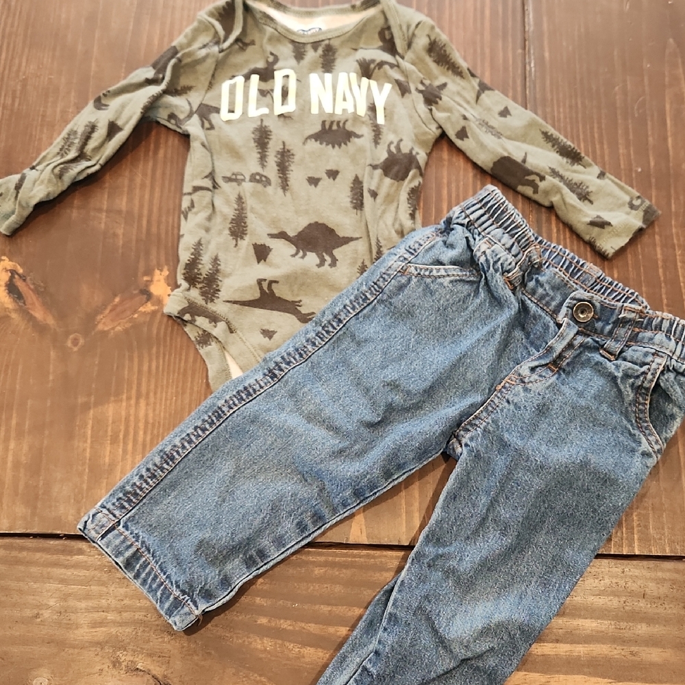 Old Navy Olive Dinosaur Print Onesie and Denim Jeans